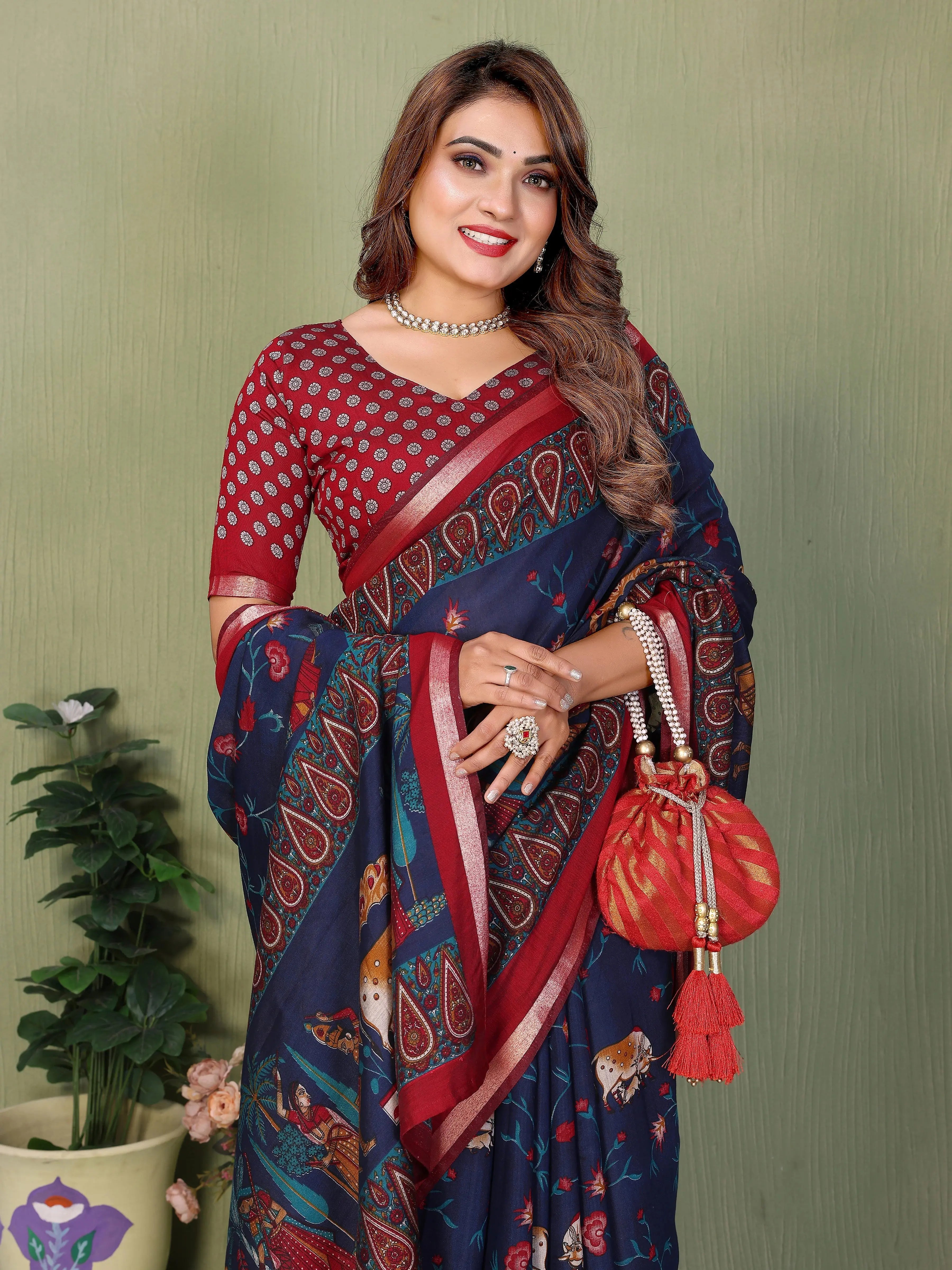Navy Blue Mul Cotton Kalamkari Print Saree – Kalyanja